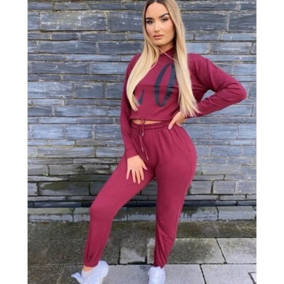 Burgundy Love Print Long Sleeve Hooded Crop Top and Joggers Pants Two Piece Set - Picture 7 of 13